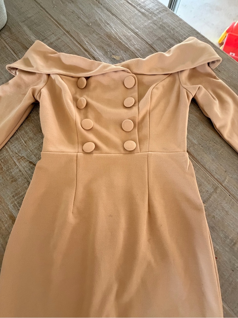 Off-Shoulder Tan Sheath Dress with Decorative Buttons - Picture 2 of 6